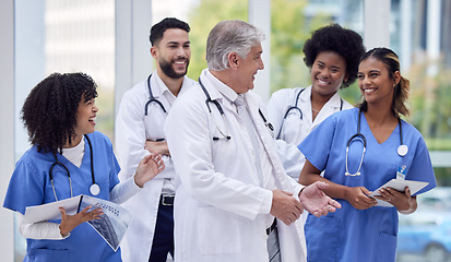 Image showing Doctors, nurses or laughing in hospital diversity, teamwork or collaboration for team building, bonding or people support. Smile, happy or healthcare workers in funny joke, comic meme or group comedy