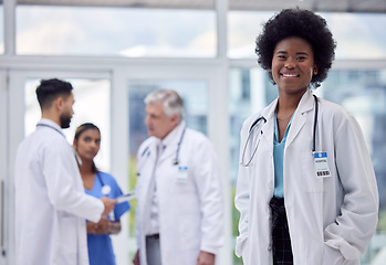 Image showing Black woman, portrait or doctor in clinic leadership, about us or medical collaboration for hospital medicine, trust or life insurance. Smile, happy or healthcare worker in diversity teamwork or help