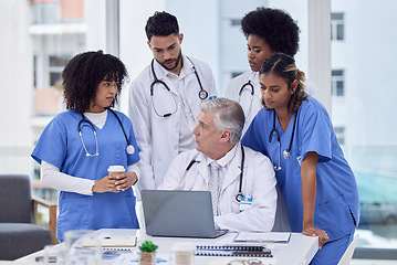 Image showing Doctors, nurses or laptop in hospital training, learning or workshop for medicine treatment, teamwork or diversity collaboration. Planning, men or healthcare worker women on clinic meeting technology