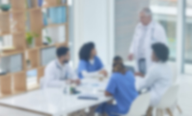 Image showing Blurred view, doctors or nurses in hospital meeting, training or workshop of medicine ideas, teamwork or diversity collaboration. Defocused, women or healthcare worker men in global strategy planning