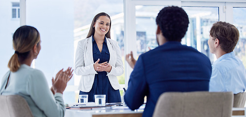 Image showing Business people, presentation in meeting with applause and speaker, support and team work, diversity in conference room. Collaboration, leadership and motivation with happy group, success and pride