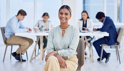 Image showing Happy, corporate and portrait of a woman in a meeting for training, seminar and workshop. Smile, professional and Indian employee coworking with colleagues for business, collaboration and happiness