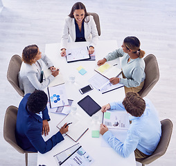 Image showing Teamwork, top view and business people in meeting with documents, paperwork and annual report. Collaboration, office and group of workers with infographics, financial review and graphs for planning