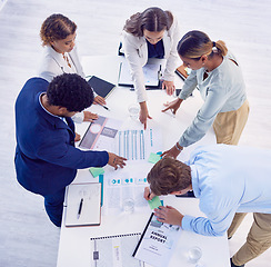 Image showing Teamwork, top view and business people in meeting with documents, paperwork and financial report. Collaboration, office and group of workers with infographics, annual review and graphs for planning