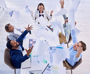 Image showing Excited, documents in air and business people in meeting for celebration, success and financial profit. Teamwork, office and group of happy workers throw paperwork for good news, achievement or bonus