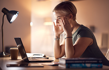 Image showing Business woman, headache and computer work at night in a office with project report stress. Working in dark, anxiety and burnout of a corporate worker with a laptop problem and glitch feeling fatigue