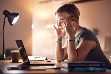 Image showing Stress, business woman headache and computer work at night in a office with project report deadline. Working in dark, anxiety and burnout of a worker with a laptop problem and glitch feeling tired