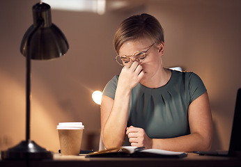 Image showing Eye strain, headache and business woman doing computer work at night with report deadline. Working in dark, anxiety and burnout of a corporate worker with a laptop problem and glitch feeling fatigue