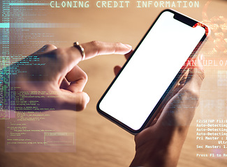 Image showing Woman, hands or phone screen of hacking information, phishing mockup or abstract coding overlay in night office. Zoom, programmer or developer on mobile technology, virus software or 3d fintech risk