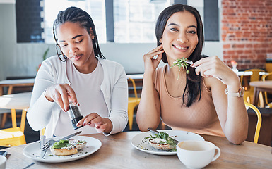 Image showing Food, friends and portrait of women in cafe eating together on lunch date on fun summer weekend. Friendship, social and hungry people, woman and girl friend in restaurant or coffee shop with sandwich