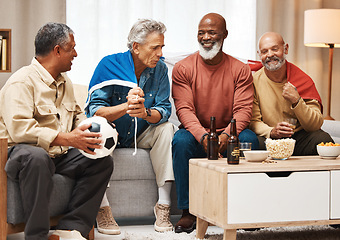 Image showing Senior, friends or watching soccer with beer on table in bonding or debate on sports in France, Paris. Happy elderly French people with flags or popcorn for a fun match game together at home together