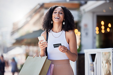 Image showing Shopping, credit card and portrait of woman with phone for ecommerce, information or confirmation. Online payment, face and banking for girl retail customer at a mall while checking score