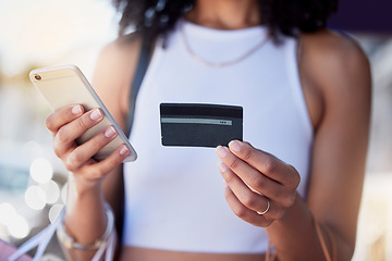 Image showing Shopping, credit card and phone for woman with ecommerce, information and confirmation. Online payment, banking and membership for girl retail customer at a mall while checking debit score