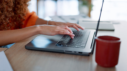 Image showing Corporate woman hands, laptop and typing email communication online. Young businesswoman, internet working 5g communication technology and program networking on work computer keyboard in office