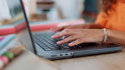 Image showing Hands, typing and laptop with a black woman designer working in her office on a report or online order. Ecommerce, computer and creative with a young female freelance blogger at work on an article