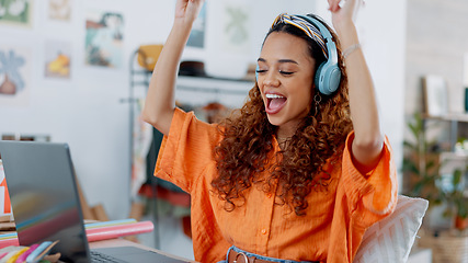 Image showing Music, headphones and Woman dancing to radio podcast, streaming online with laptop at work. Designer freedom with web audio, inspiration and employee listening to song on internet, dancing or singing