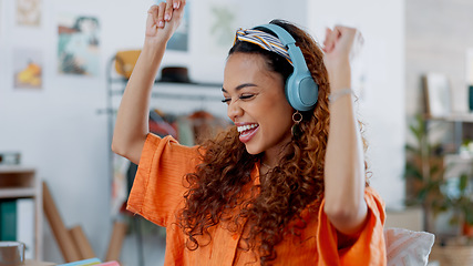 Image showing Music, headphones and Woman dancing to radio podcast, streaming online with laptop at work. Designer freedom with web audio, inspiration and employee listening to song on internet, dancing or singing