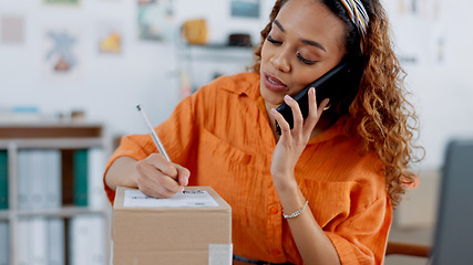 Image showing Fashion, cellphone call and woman with store box for shipping delivery. Small business, logistics and female from Brazil in shop with inventory, stock or signing package while talking on 5g mobile