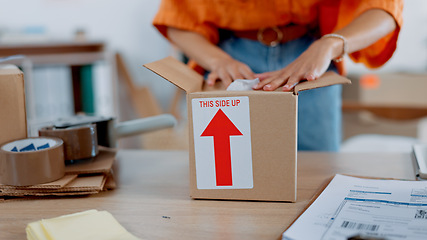 Image showing Delivery, packaging and boxes woman hands for courier, shipping and product distribution service in e commerce, supply chain and logistics. Cardboard package and product worker for commercial stock