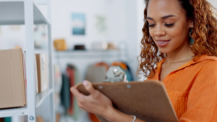 Image showing Stock take, inventory count and woman writing on clipboard tracking boxes, commercial packages and goods delivery warehouse. eCommerce storage, supply chain management and safe shipping distribution