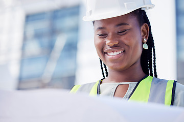Image showing Black woman, architect and blueprint for building at a construction site, happy and positive mindset. Engineer, project manager and lady worker with paper, plan and idea for innovation or renovation