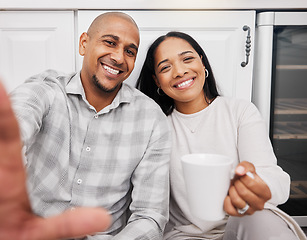 Image showing Selfie, black couple smile and morning in a kitchen happy about new real estate and property purchase. House, black woman and happiness of young people together taking a social media profile photo