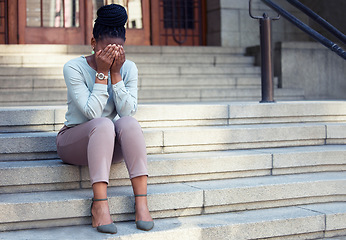 Image showing Stress, crying and black woman on steps with anxiety, panic attack or mental health problem. Corporate, pressure and lady with headache outside of office building, worry or mistake, fail or crisis