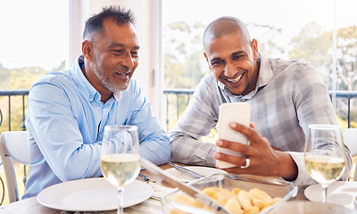 Image showing Black man selfie, senior dad and home with smile, love and bonding at table for celebration with web app. Men, smartphone photography or profile picture for social media with happiness, food and care