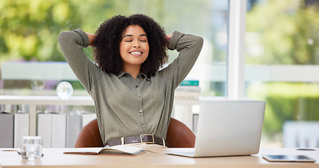 Image showing Black woman in business, relax in office and stress relief, content and peace with career satisfaction and job well done. Laptop, break and smile with positive mindset and corporate female at desk