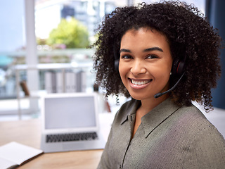 Image showing Portrait, video call and remote work with a business black woman using a headset for communication. Virtual meeting, networking and contact with an attractive young female working remotely from home