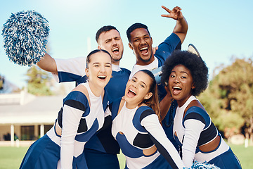 Image showing Portrait, team and cheerleaders with sports, excited and celebration on field, achievement and happiness. Face, group and people with joy, fitness and smile for win, victory and success with targets