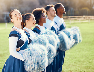 Image showing Happy, sports and portrait of a cheerleader with a team for support, formation and motivation. Smile, teamwork and men and women cheering for sport, event or celebration on a field for cheerleading