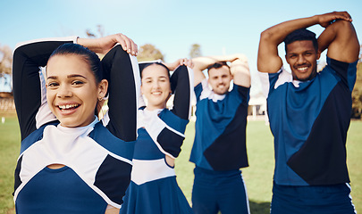 Image showing Cheerleader training or portrait of team stretching on a outdoor stadium field for fitness exercise. Cheerleading group, sports workout or happy people game ready for cheering, match or campus event