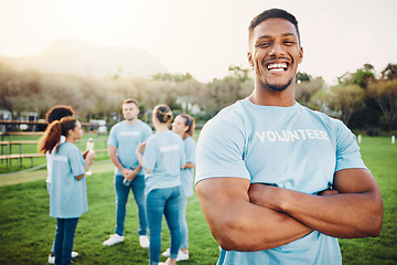 Image showing Man in portrait, volunteer and happy with eco friendly help, environment and sustainability, green and waste management. Cleaning, charity and team leader with happiness and community service