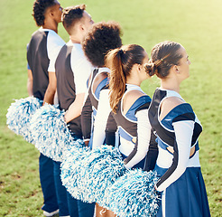 Image showing Cheerleader exercise, line and students in cheerleading uniform on outdoor field. Athlete group, college sport collaboration and game cheer prep ready for cheering exercise, stunts and team training