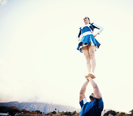 Image showing Cheerleading, sport lift and mockup outdoor for on cheer camp with exercise and fitness. Students, air pose and strong male athlete doing training and workout with cardio and mock up in nature