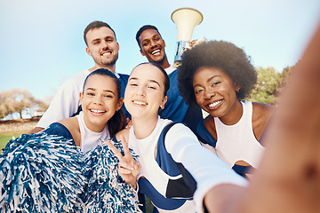 Image showing Selfie, team and cheerleader friends outdoor, sports and smile with victory, netball and excited together. Portrait, men and women outside, happiness and training for competition or uniform on field