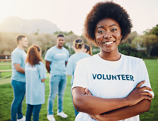 Image showing Black woman in portrait, volunteer and smile with eco friendly help, environment and sustainability, green and waste management. Cleaning, charity and team leader with happiness and community service