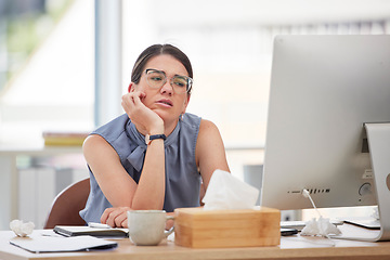 Image showing Bored, burnout and a business woman using a computer at work while feeling annoyed or frustrated. Depression, sad and thinking with a female employee suffering from mental boredom in the office