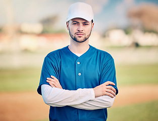 Image showing Sports, baseball and portrait of man on field ready for game, practice and competition with confident mindset. Fitness, wellness and male athlete outdoors for exercise, training and workout for match