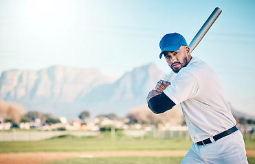 Image showing Baseball bat, athlete portrait and field of a professional player from Dominican Republic outdoor. Sport game, fitness and sports gear of a man doing exercise, training and workout with mockup