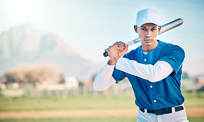 Image showing Portrait, baseball and mockup with a sports black man outdoor on a field standing ready to play a competitive game. Fitness, exercise and training with a serious male athlete outside in a stadium