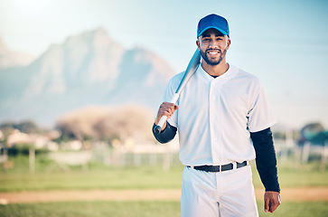 Image showing Portrait, fitness and man with a bat, baseball and happiness on field, exercise and competition. Face, male athlete and player with sportswear, smile and confident guy for game, victory and mockup