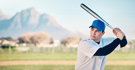 Image showing Baseball bat, athlete and field of a professional player waiting for pitch outdoor. Sport gear, fitness and sports person with a man doing exercise, training and workout for a game with mockup