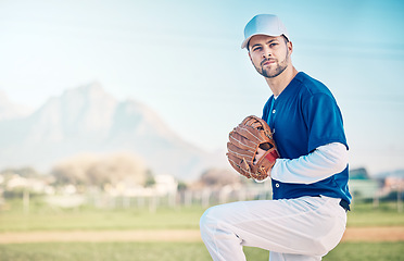 Image showing Sports athlete, baseball field and man focus on competition mock up, practice match or pitcher training workout. Softball, grass pitch and mockup player doing fitness, exercise or pitching challenge