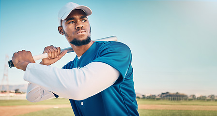 Image showing Baseball focus, athlete and fitness of a professional player from Dominican Republic outdoor. Sport field, bat and sports gear of a man doing exercise, training and workout for a game with mockup