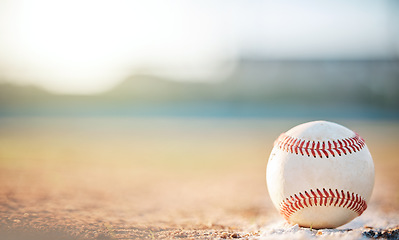 Image showing Sports, field and mockup with a baseball on the ground during a comeptitive game outdoor during summer. Fitness, exercise and a leather ball outside, ready for a match or training workout