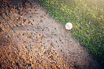 Image showing Sports mockup, baseball and ball on grass for game, practice and competition outdoors. Fitness, sport copy space and softball equipment on field ground for exercise, training and workout for match