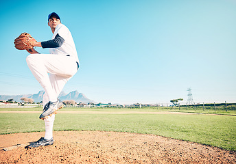 Image showing Sports athlete, baseball field or man throwing in competition mock up, practice match or pitcher training workout. Softball, grass pitch or mockup player doing fitness, exercise or pitching challenge