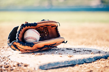 Image showing Sports, baseball and ball in glove on field ready for game, practice and competition outdoors. Fitness mockup, sport copy space and softball equipment on ground for exercise, training and workout